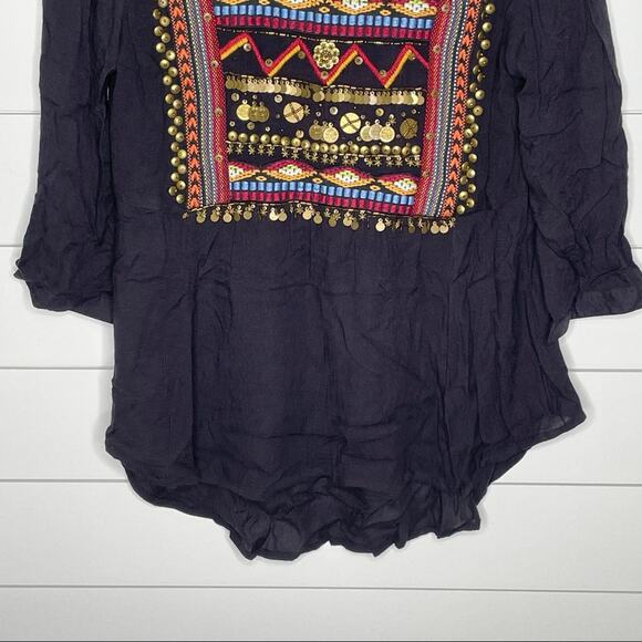HD In Paris Ari Embellished Embroidered Boho Peasant Tunic Top Black Size 4 - Picture 5 of 11